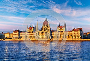 Sunset evening with Hungarian parliament in Budapest