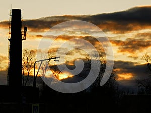 Sunset, factory pipe, multi-colored clouds, Dolgoprudniy, Moscow, Russia