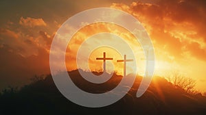 Sunset of Faith: Spiritual Silhouette with Three Crosses on the Hill, Profound Representation of the Crucifix of Jesus Christ photo