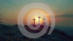 Sunset of Faith: Spiritual Silhouette with Three Crosses on the Hill, Profound Representation of the Crucifix of Jesus Christ photo