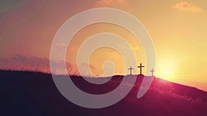 Sunset of Faith: Spiritual Silhouette with Three Crosses on the Hill, Profound Representation of the Crucifix of Jesus Christ photo