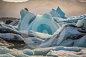 Sunset in the famous Jokulsarlon Glacier Lagoon, Iceland