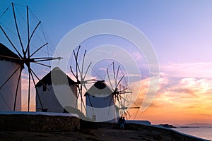 Sunset with famous windmills on Mykonos island