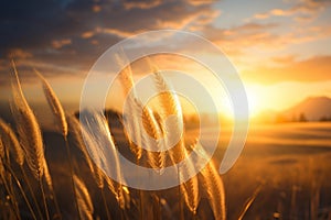 Sunset fantasy fantastic landscape with sunbeams glaring over wheat fields