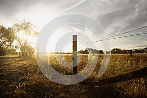 Sunset at a farm in the bush with fence, Grampians, Victoria, Australia
