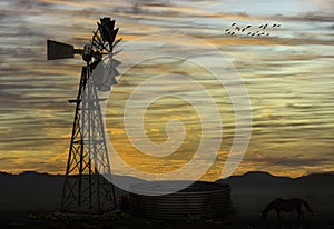 Sunset on a farm. Windmill silhouette at dawn.