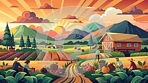 Sunset Farming: Rural Agriculture Landscape with Workers and Produce