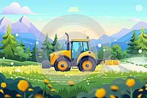 Sunset farming tractor irrigating, spraying, or harvesting crops with agricultural data infographic