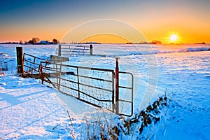 Sunset and fence with grassland in winter