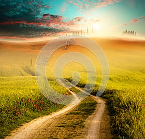 Sunset field and road