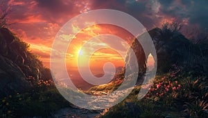 Sunset in a field with stone bridge