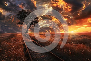 Sunset with fiery clouds, lonely tree and old railroad track at the open field Ai photo