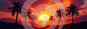 Sunset fire engulfs palm trees, dramatic silhouette , damage, intense photo