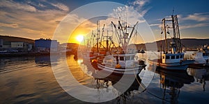 sunset in fish harbor in Greece, Thessaloniki, boats and ships are moored, fishing tackle and fish nets lie on the pier