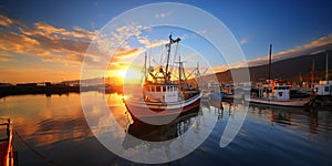 sunset in fish harbor in Greece, Thessaloniki, boats and ships are moored, fishing tackle and fish nets lie on the pier