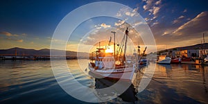 sunset in fish harbor in Greece, Thessaloniki, boats and ships are moored, fishing tackle and fish nets lie on the pier