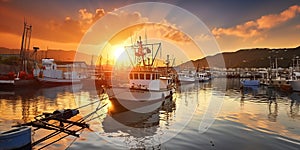 sunset in fish harbor in Greece, Thessaloniki, boats and ships are moored, fishing tackle and fish nets lie on the pier