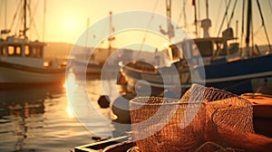 sunset in fish harbor in Greece, Thessaloniki, boats and ships are moored, fishing tackle and fish nets lie on the pier