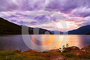 Sunset in fjord Hardanger Norway