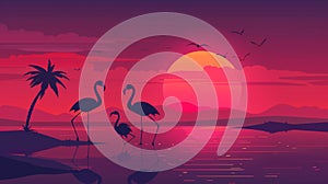 Sunset and flamingo silhouettes merge crafting a tranquil
