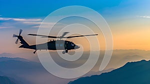 Sunset Flight: Military Helicopter Silhouetted Against Twilight Sky. Aerial Patrol Conceptual Image with Copyspace
