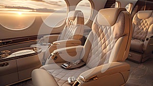 Sunset Flight in Opulent Comfort: Quilted Luxury in the Sky. Concept Luxury Travel, Quilted