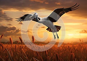 Sunset Flight: A Portrait of Six-Winged Cranes in a Field of Whe photo