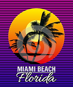 Sunset Florida Miami Beach summer print t-shirt design. Poster palm tree silhouettes