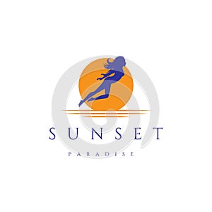 Sunset Flying Sexy Hot Woman Girl Lady Female Silhouette Bar Club Logo Design Vector