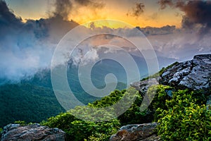 Sunset through fog, seen from Craggy Pinnacle, near the Blue Rid