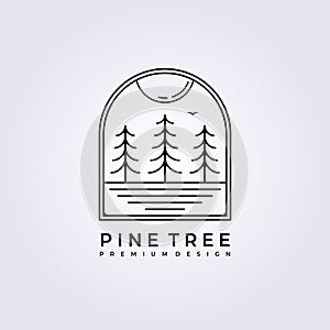 sunset forest pine tree logo vector illustration design line art simple badge landscape lake forest