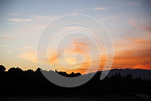 Sunset in the forest with silhouettes of trees to blacks