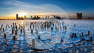 Sunset on the frozen Hudson River. Downtown Jersey City, New Jersey