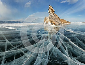 Sunset on the frozen Lake Baikal, Oltrek island