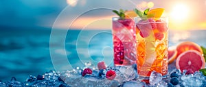 Sunset Fruit Cocktails on Beach with Ice. banner