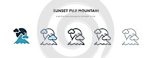 Sunset fuji mountain icon in different style vector illustration. two colored and black sunset fuji mountain vector icons designed