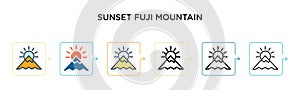 Sunset fuji mountain vector icon in 6 different modern styles. Black, two colored sunset fuji mountain icons designed in filled,