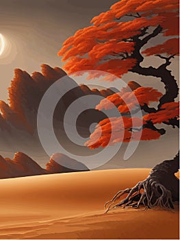 Sunset or full moon in African autumn orange big crooked tree on hill alone