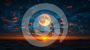 Sunset, full moon, starry night sky over desert landscape, background design
