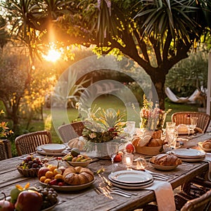 Sunset garden breakfast with fresh pastries and fruits