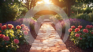 Sunset Garden Path Roses Lavender