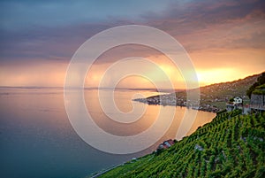 Sunset at Geneva lake in region Lavaux