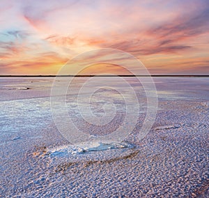 Sunset Genichesk pink  salty lake, Ukraine