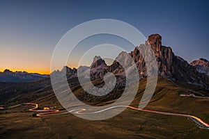 Sunset at the Giau Pass in the dolomites in fall. View of mount Nuvolau photo