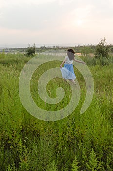 Sunset, girl, wilderness