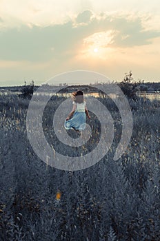 Sunset, girl, wilderness