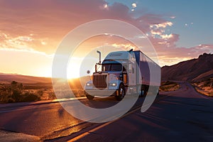 Sunset Glory: Big Rig Truck on Highway Wallpaper and Design, Generative AI