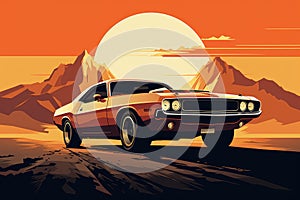 Sunset Glory Ride: Classic Dodge Challenger Dominates the Desert Road