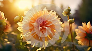 Sunset Glow Capture Dahlia flowers during the golden hour of sunset. Emphasize the warm, soft light illuminating the petals,