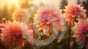 Sunset Glow Capture Dahlia flowers during the golden hour of sunset. Emphasize the warm, soft light illuminating the petals,